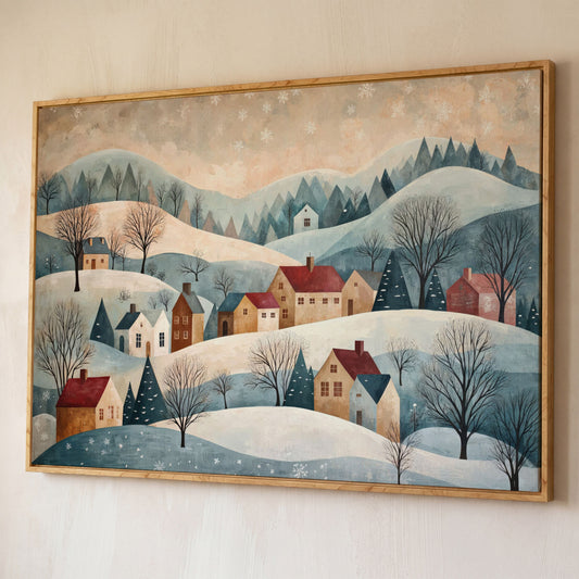 Winter Village Landscape Canvas Print shown in white oak floating frame