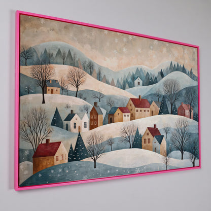 Winter Village Landscape Canvas Print in pink floating frame