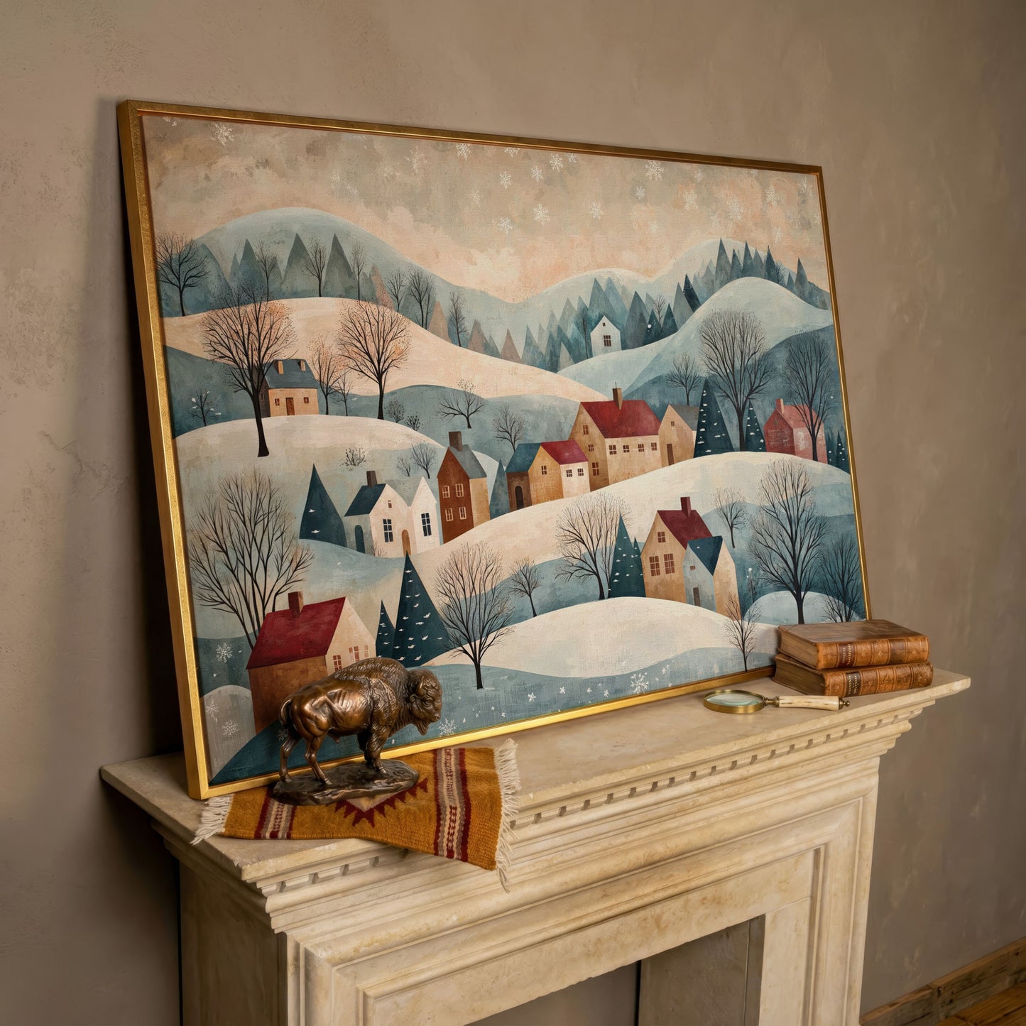 Winter Village Landscape Canvas Print in rose gold floating frame