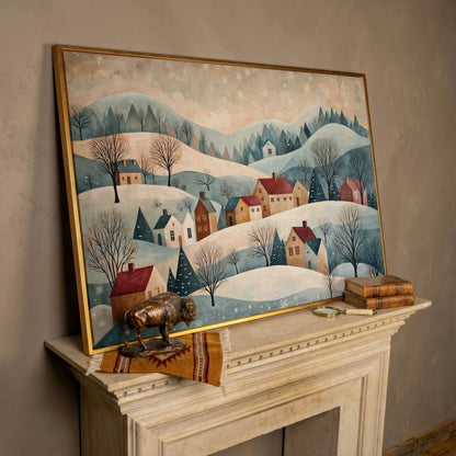 Winter Village Landscape Canvas Print in rose gold floating frame