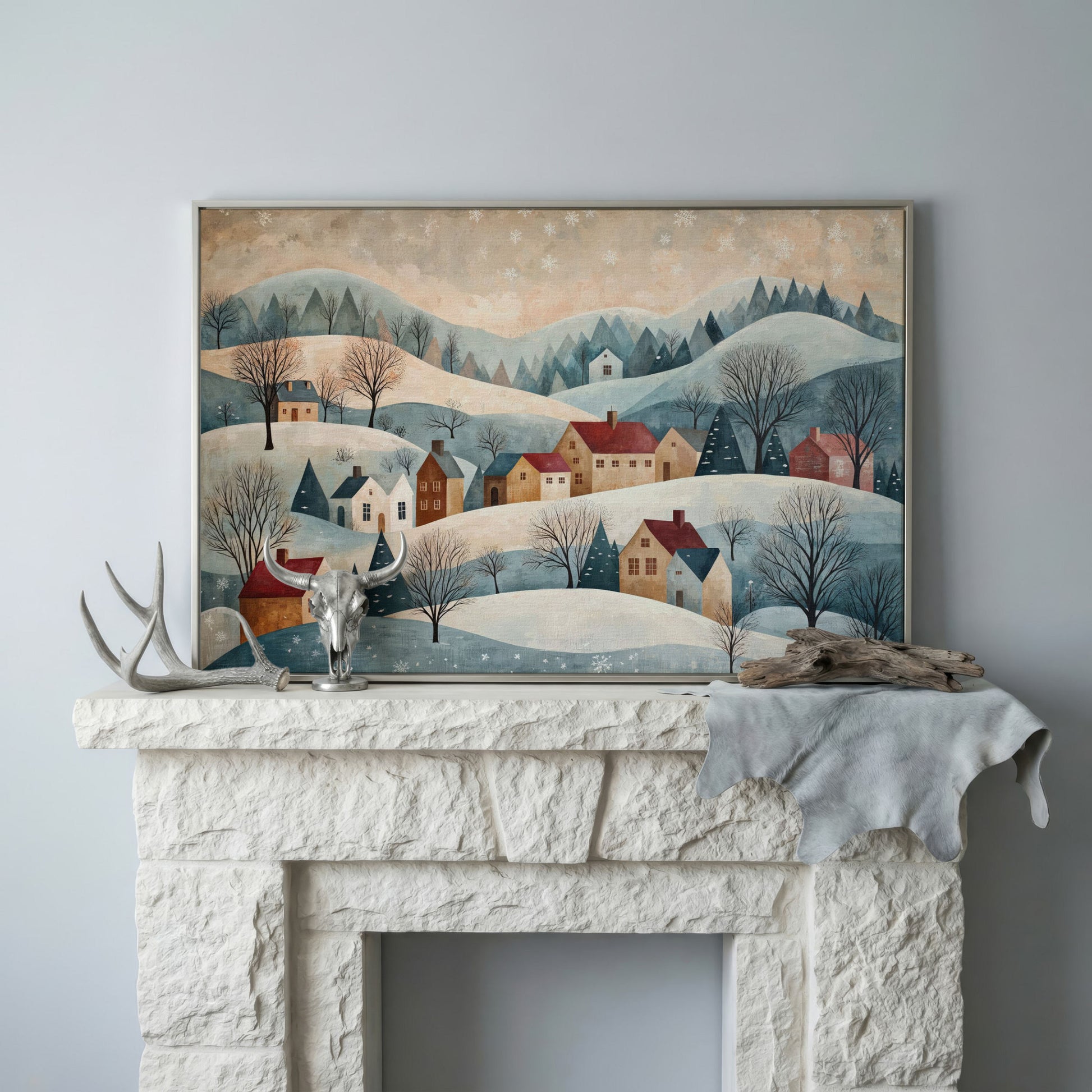 Winter Village Landscape Canvas Print in silver floating frame