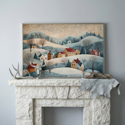 Winter Village Landscape Canvas Print in silver floating frame