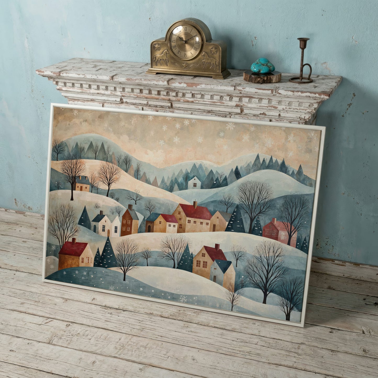 Winter Village Landscape Canvas Print in white floating frame