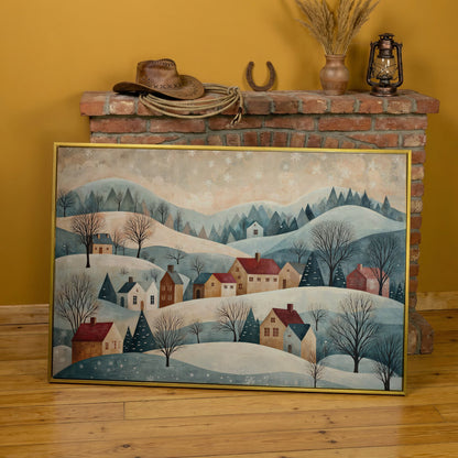 Winter Village Landscape Canvas Print in yellow gold floating frame
