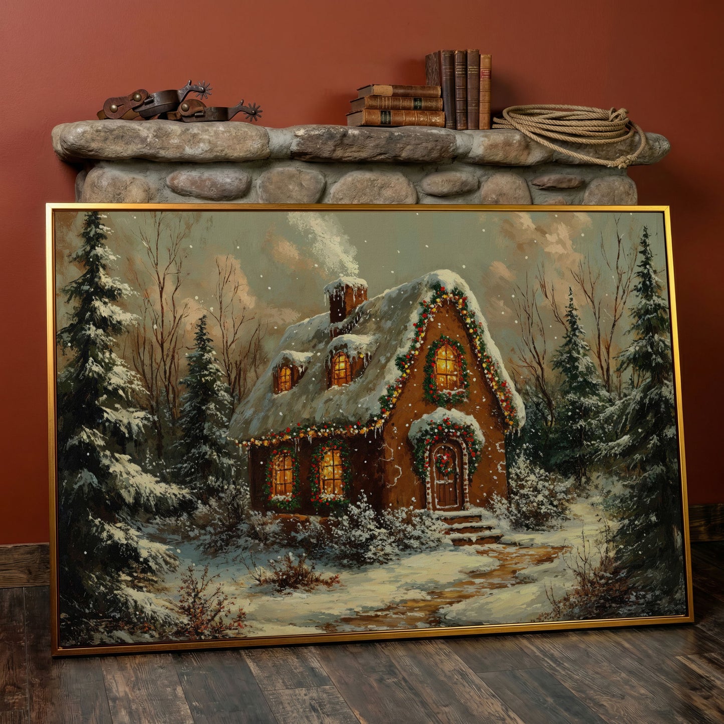 Snowy Forest Cottage Canvas Print with Warm Lamplight in antique gold floating frame