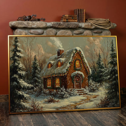 Snowy Forest Cottage Canvas Print with Warm Lamplight in antique gold floating frame