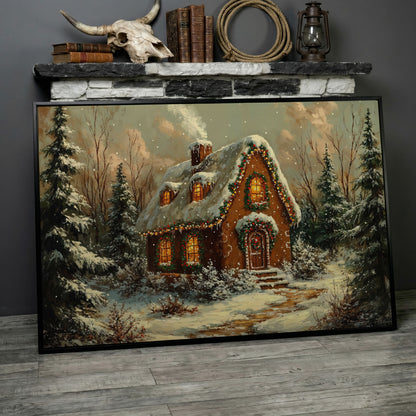 Snowy Forest Cottage Canvas Print with Warm Lamplight in black floating frame