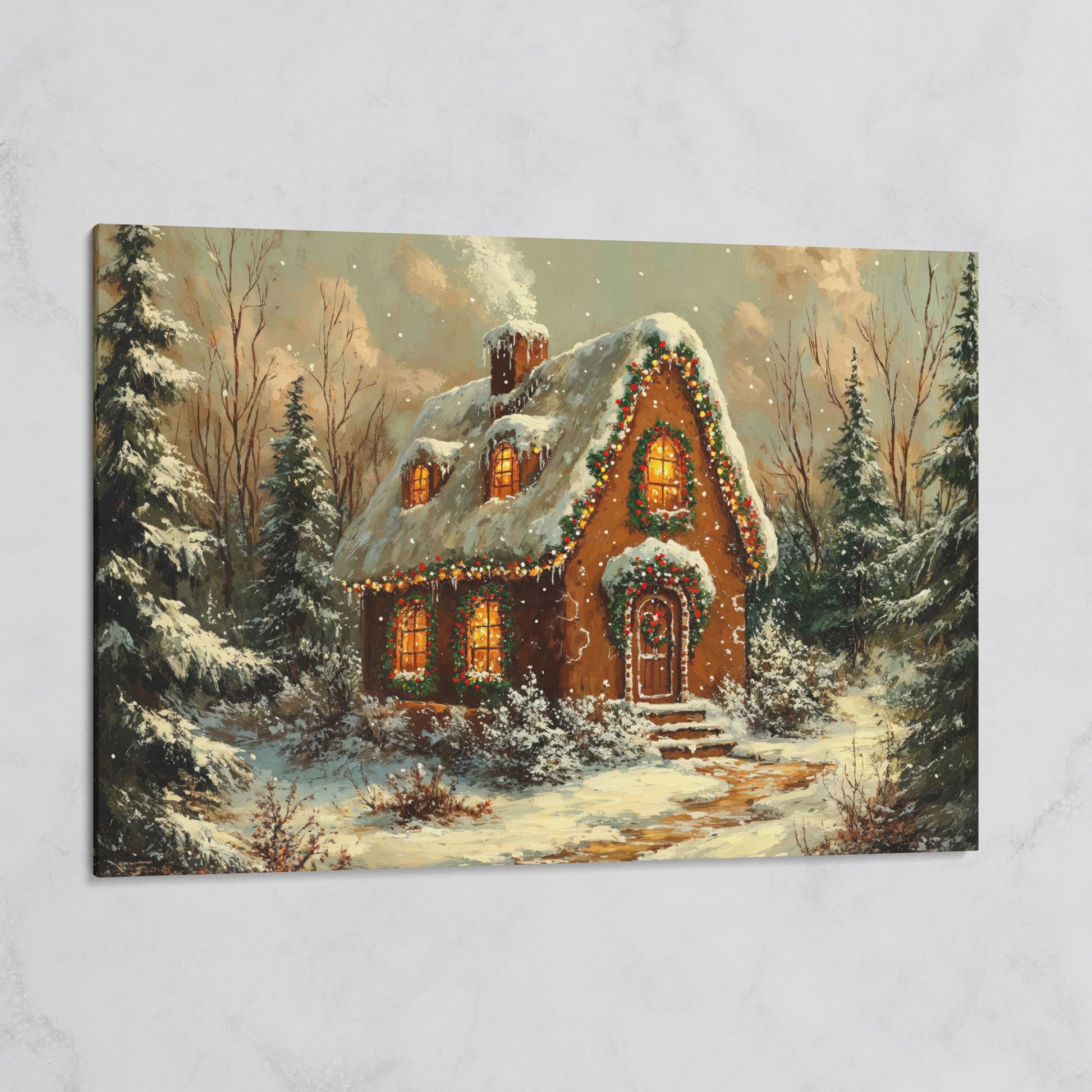 Snowy Forest Cottage Canvas Print with Warm Lamplight on gallery wrap