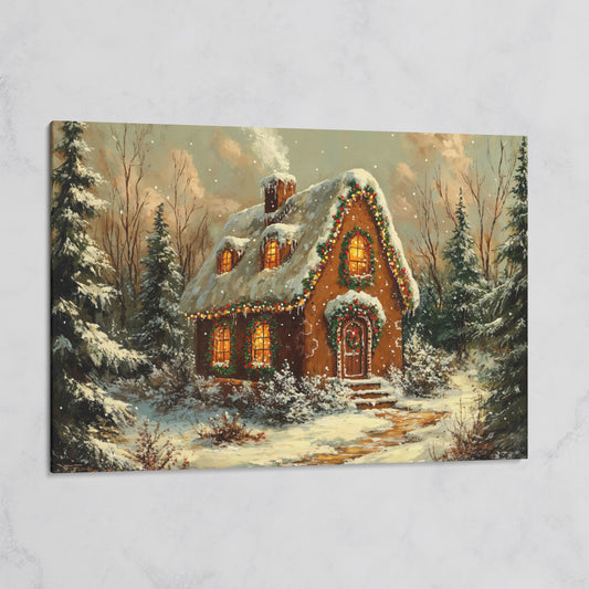 Snowy Forest Cottage Canvas Print with Warm Lamplight on gallery wrap