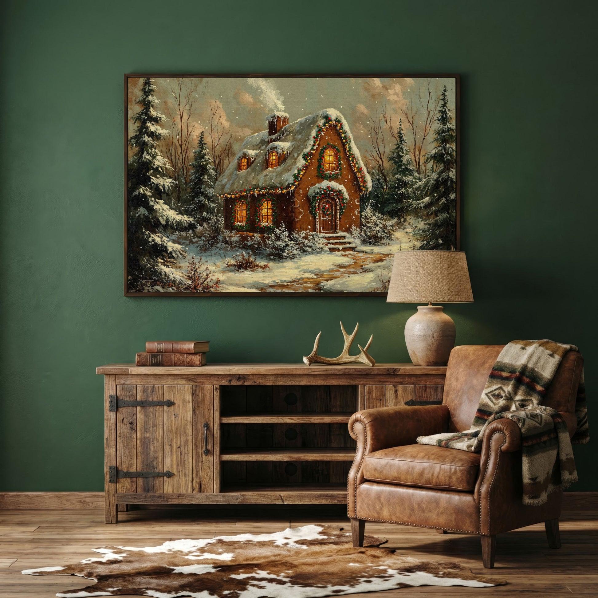 Snowy Forest Cottage Canvas Print with Warm Lamplight in dark walnut floating frame