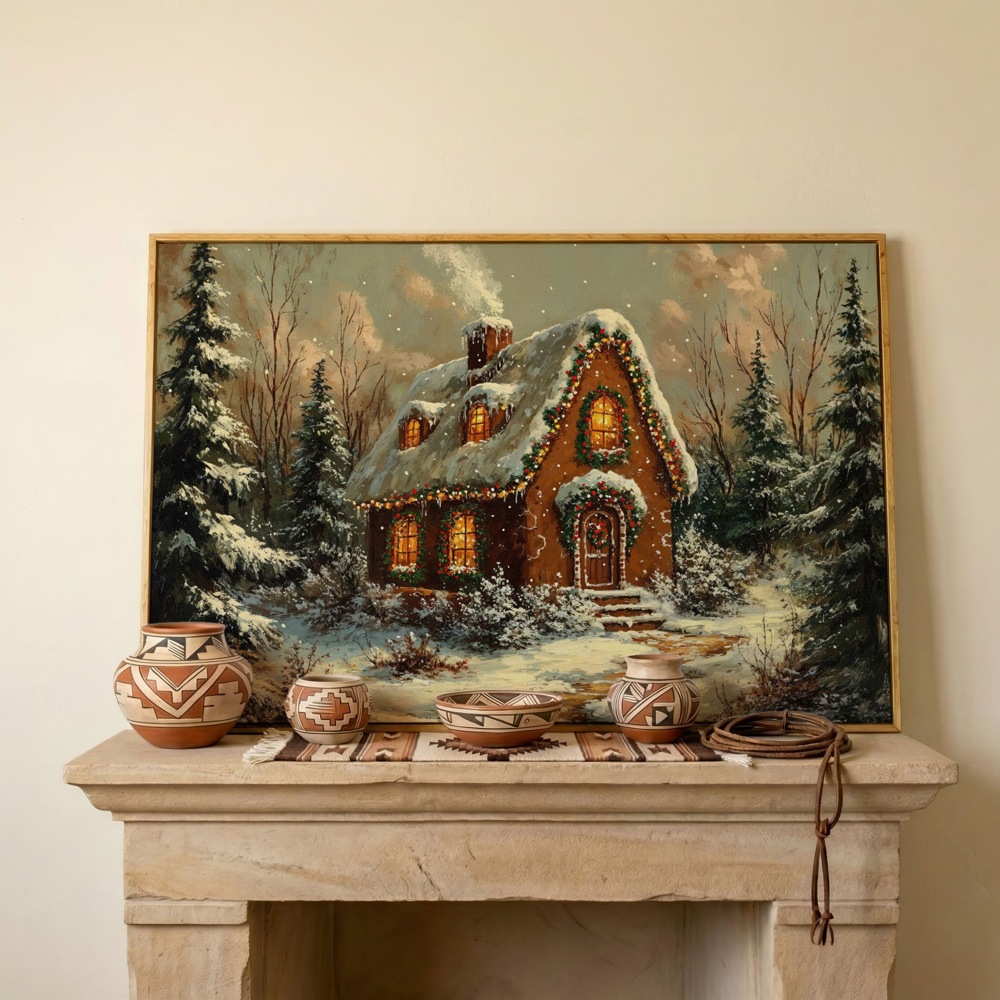 Snowy Forest Cottage Canvas Print with Warm Lamplight in white oak floating frame