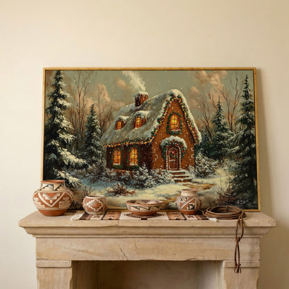 Snowy Forest Cottage Canvas Print with Warm Lamplight in white oak floating frame