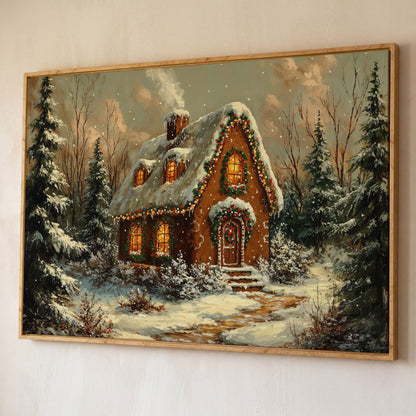 Snowy Forest Cottage Canvas Print with Warm Lamplight shown in white oak floating frame