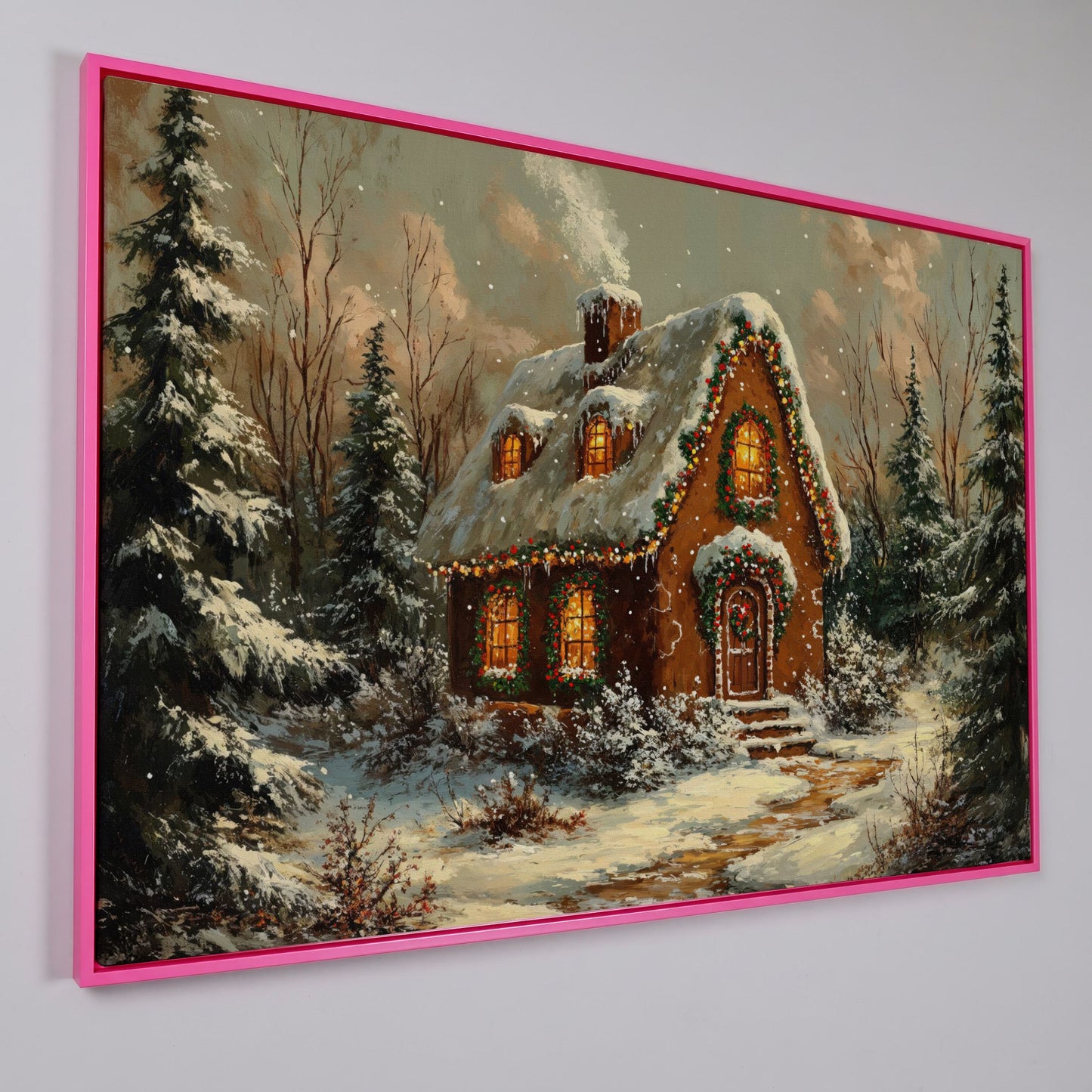 Snowy Forest Cottage Canvas Print with Warm Lamplight in pink floating frame