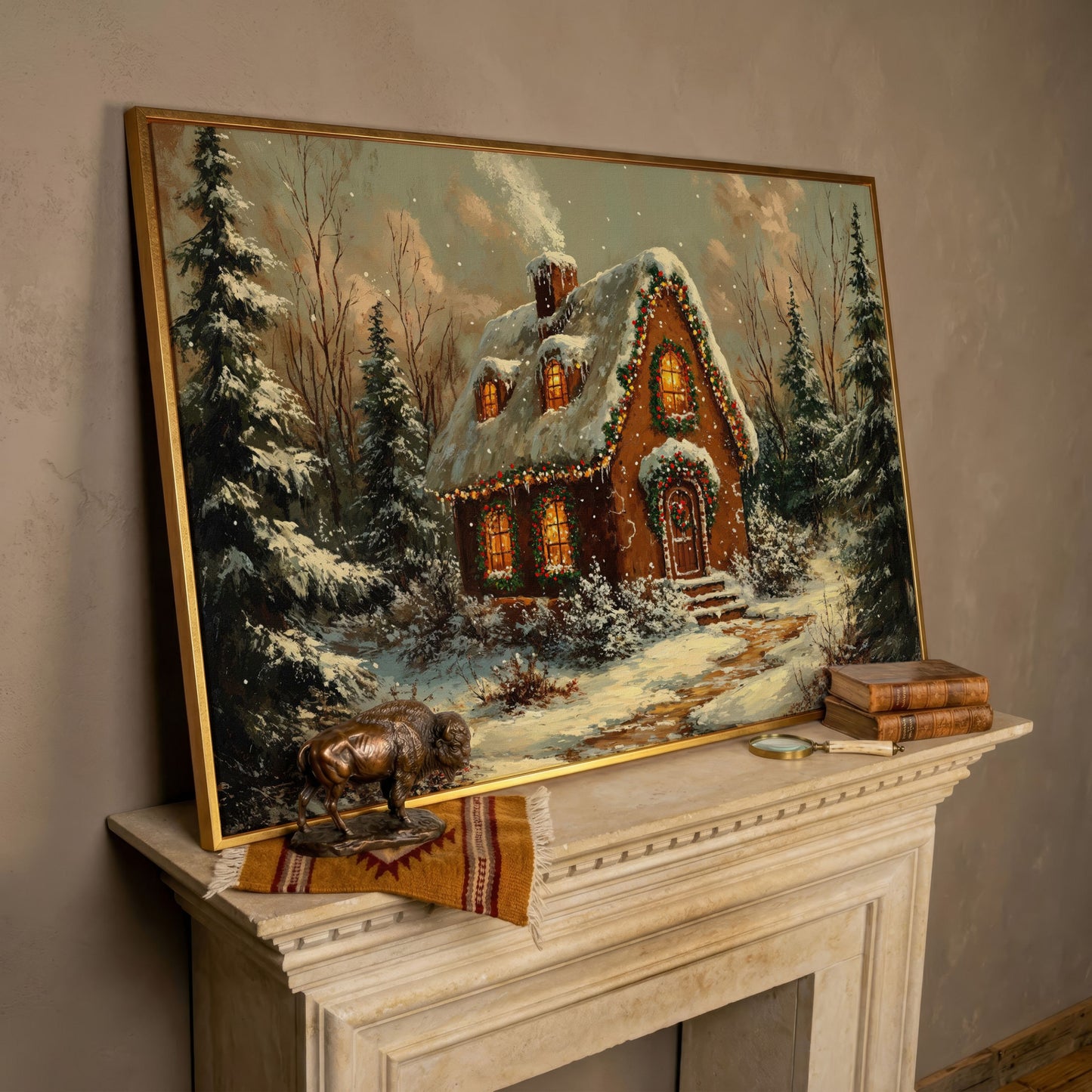 Snowy Forest Cottage Canvas Print with Warm Lamplight in rose gold floating frame