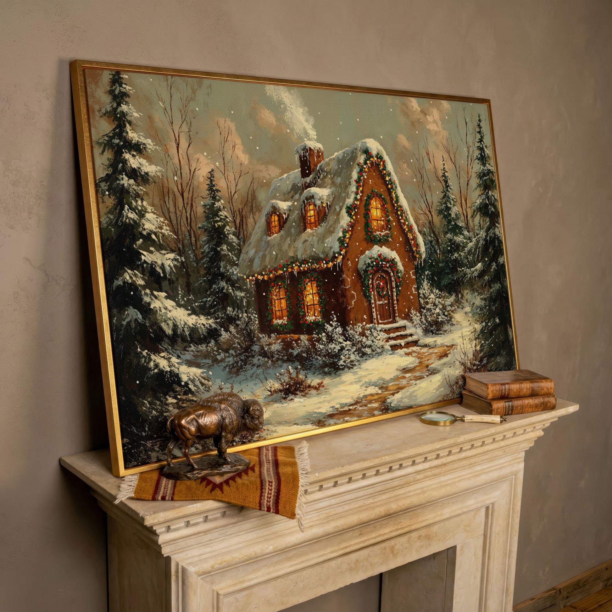Snowy Forest Cottage Canvas Print with Warm Lamplight in rose gold floating frame
