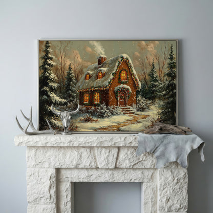 Snowy Forest Cottage Canvas Print with Warm Lamplight in silver floating frame