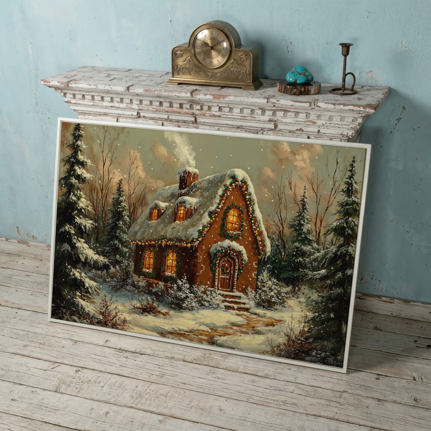Snowy Forest Cottage Canvas Print with Warm Lamplight in white floating frame