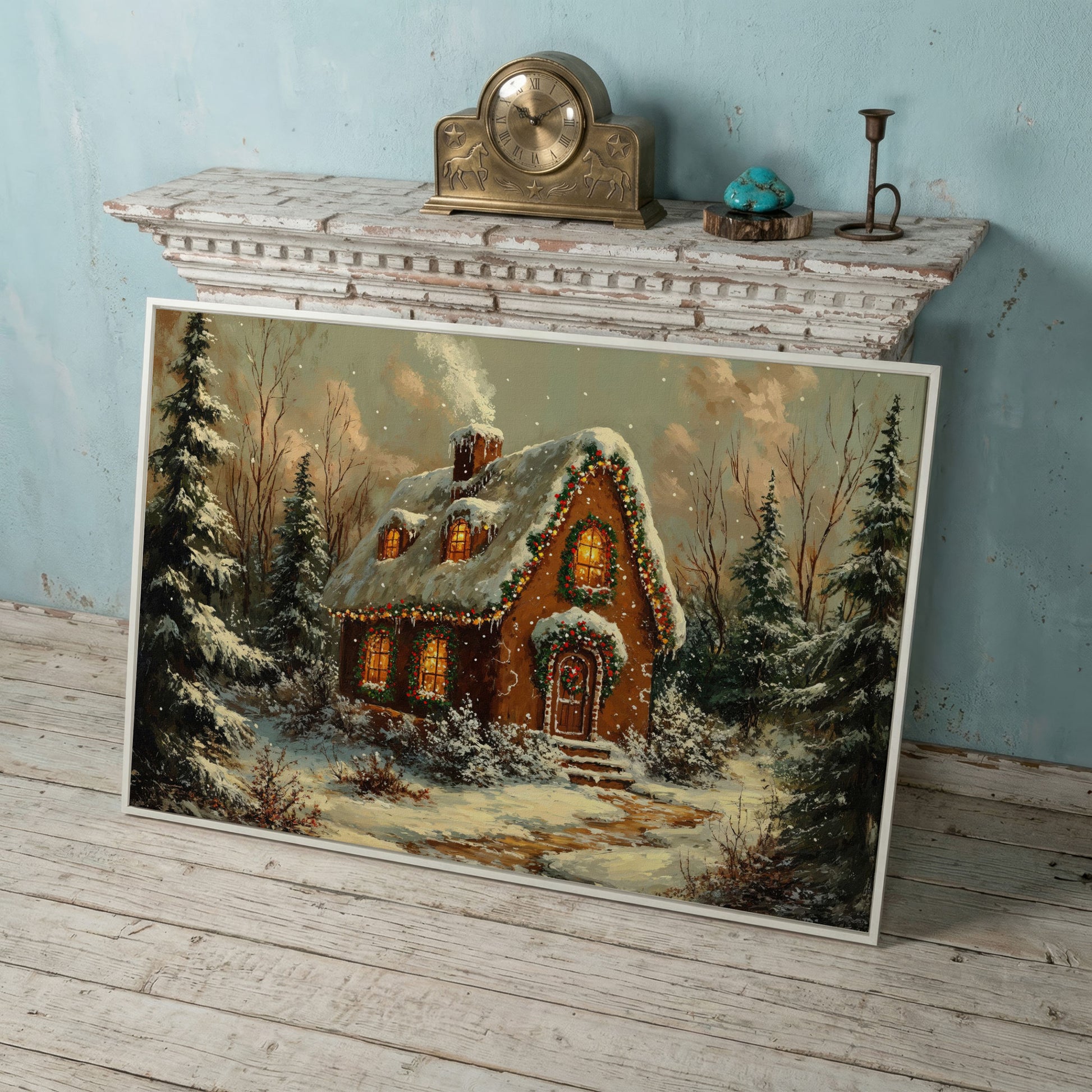 Snowy Forest Cottage Canvas Print with Warm Lamplight in white floating frame