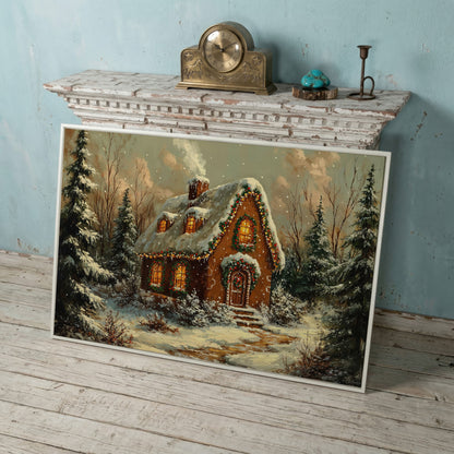 Snowy Forest Cottage Canvas Print with Warm Lamplight in white floating frame
