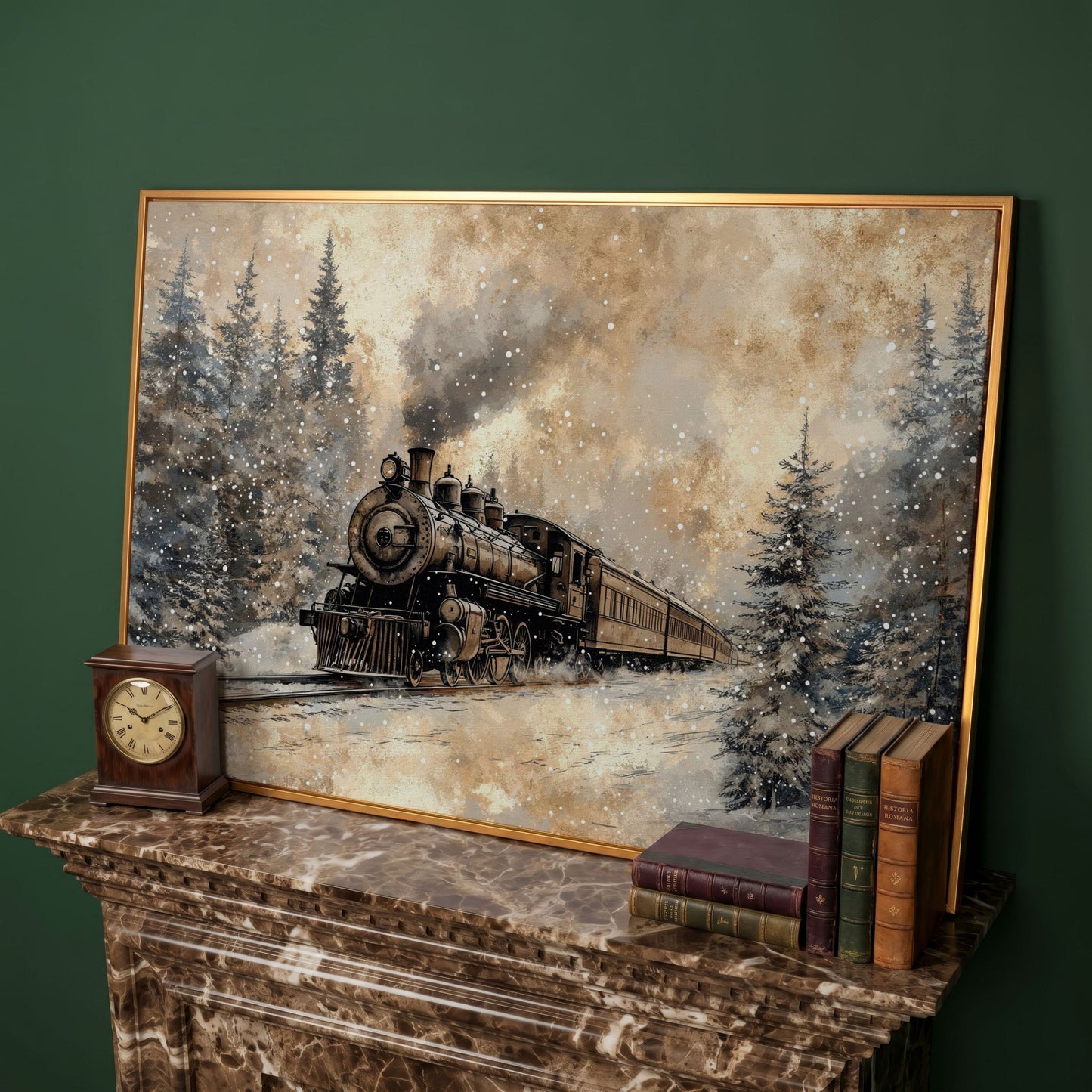Steam Locomotive Winter Forest Canvas in antique gold floating frame