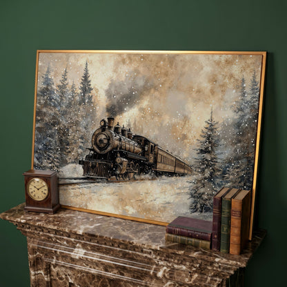 Steam Locomotive Winter Forest Canvas in antique gold floating frame
