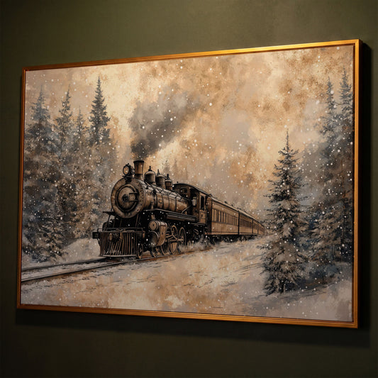 Steam Locomotive Winter Forest Canvas shown in antique gold floating frame