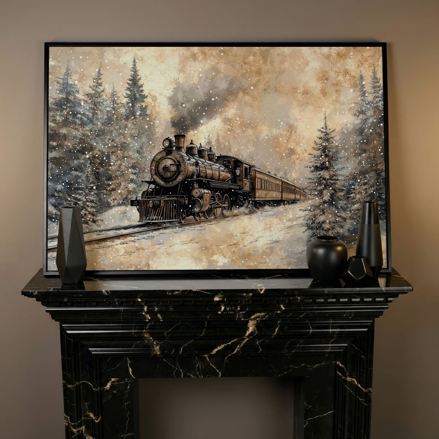 Steam Locomotive Winter Forest Canvas in black floating frame