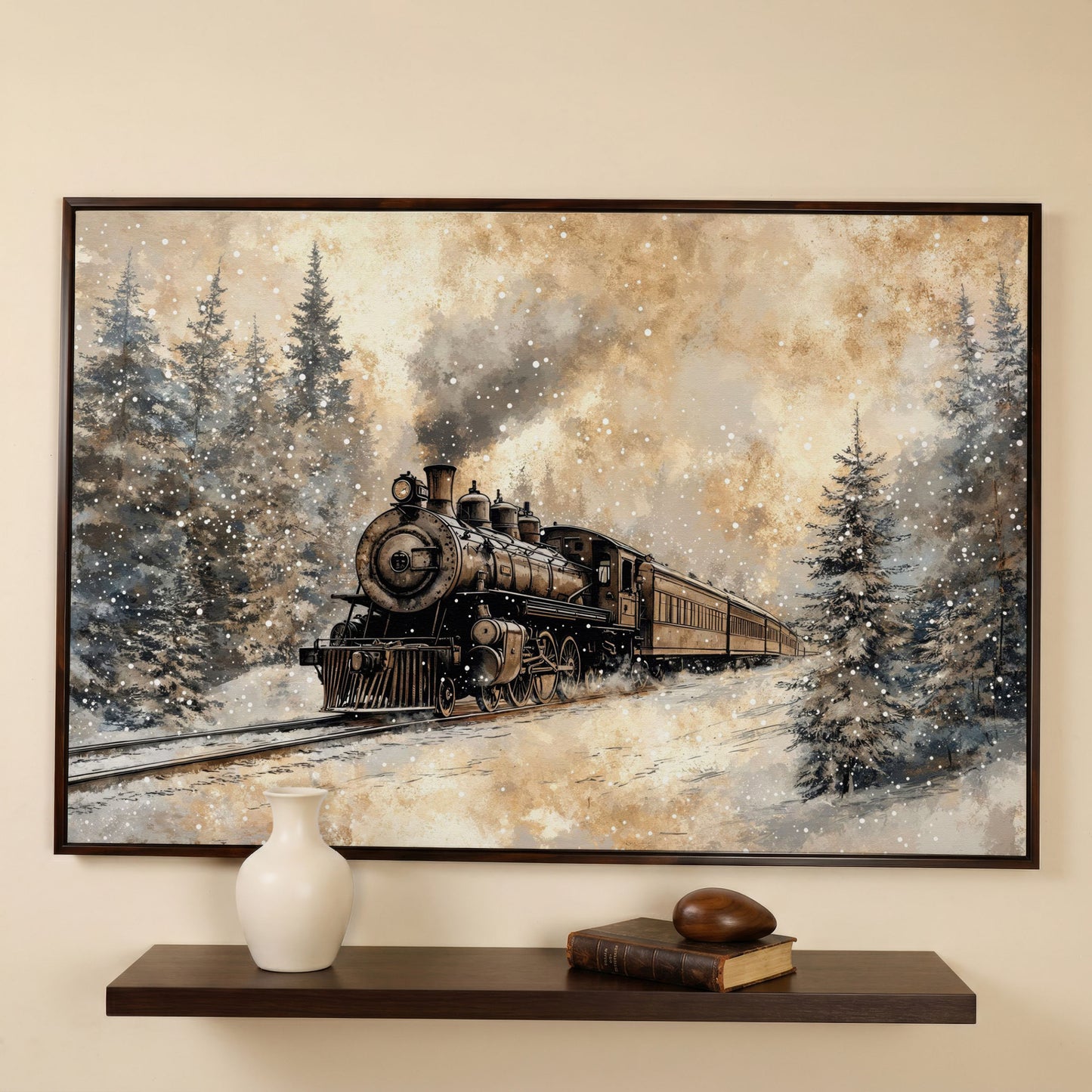 Steam Locomotive Winter Forest Canvas in dark walnut floating frame