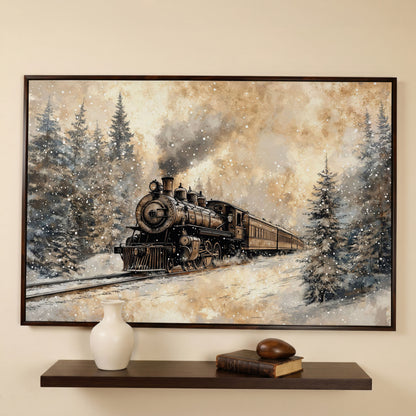 Steam Locomotive Winter Forest Canvas in dark walnut floating frame