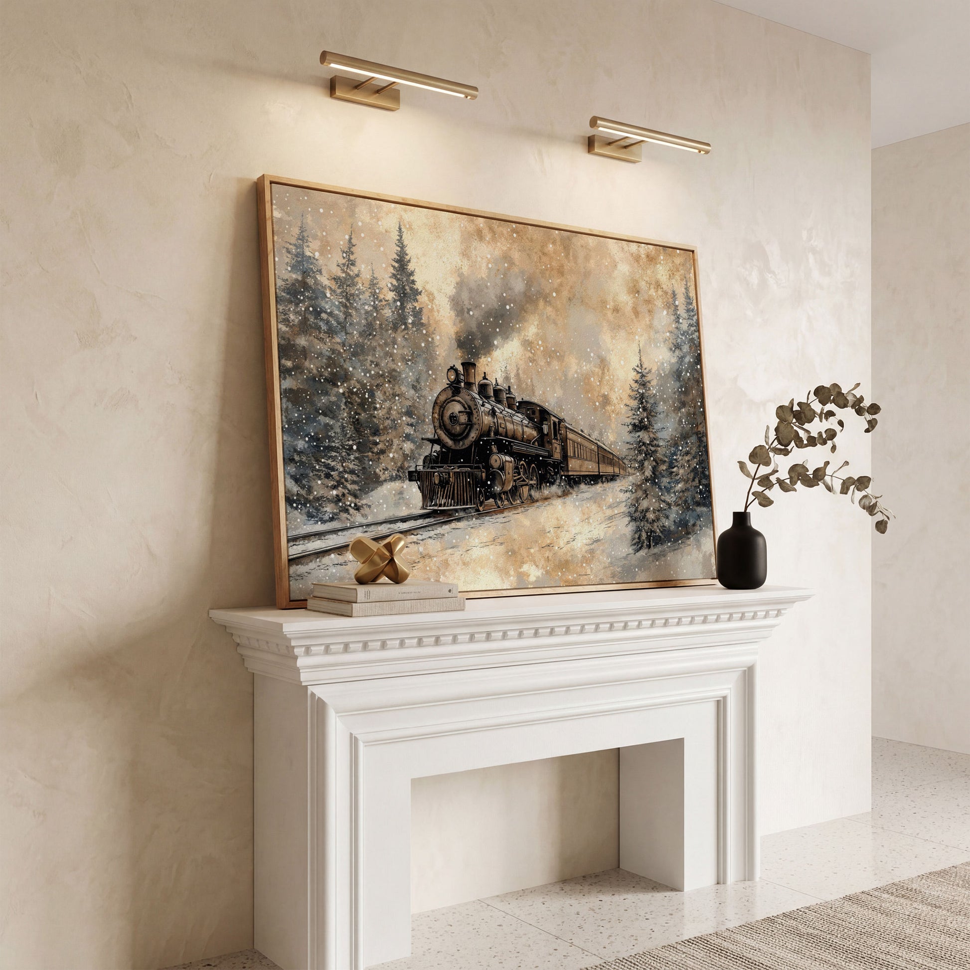 Steam Locomotive Winter Forest Canvas in white oak floating frame