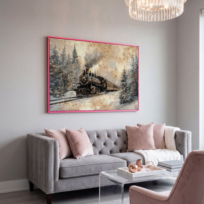 Steam Locomotive Winter Forest Canvas in pink floating frame