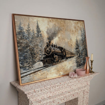 Steam Locomotive Winter Forest Canvas in rose gold floating frame