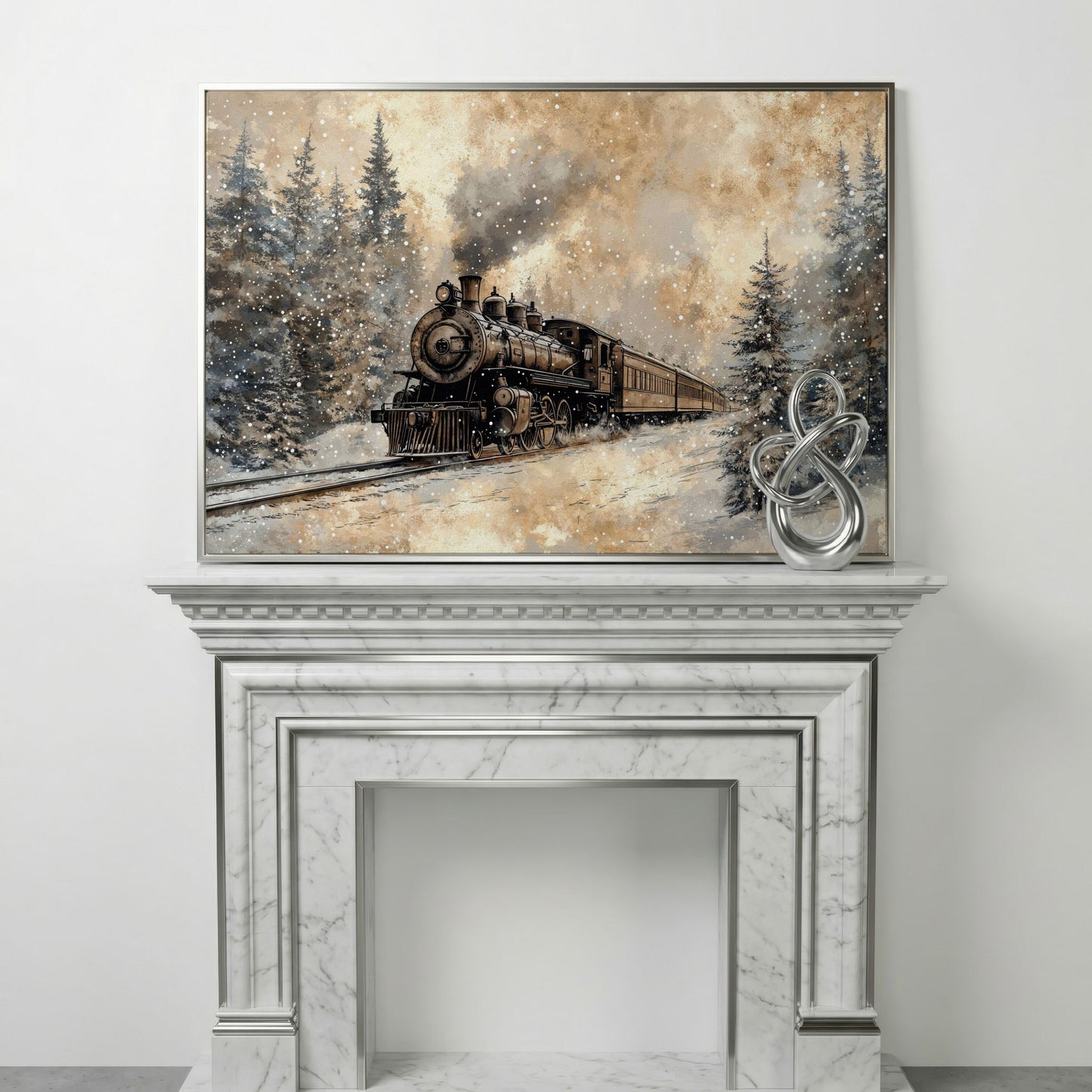 Steam Locomotive Winter Forest Canvas in silver floating frame