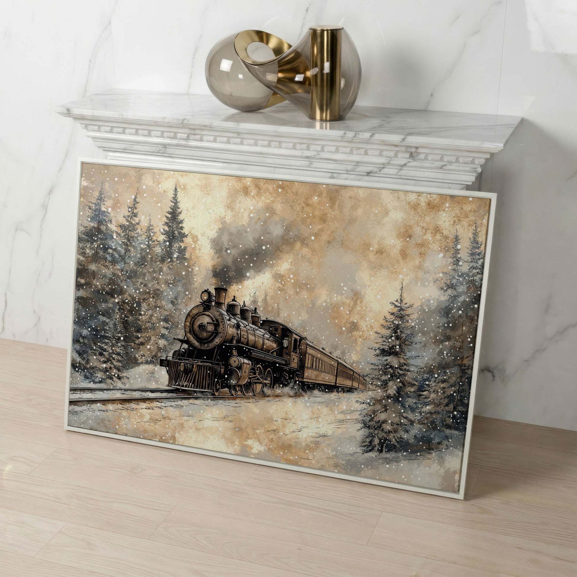 Steam Locomotive Winter Forest Canvas in white floating frame