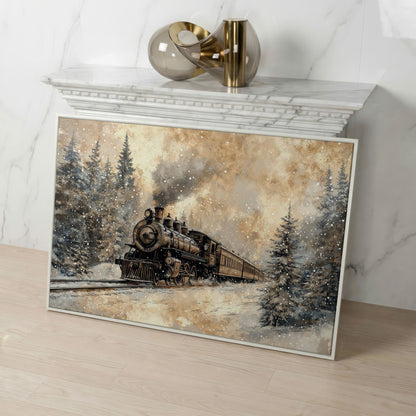 Steam Locomotive Winter Forest Canvas in white floating frame
