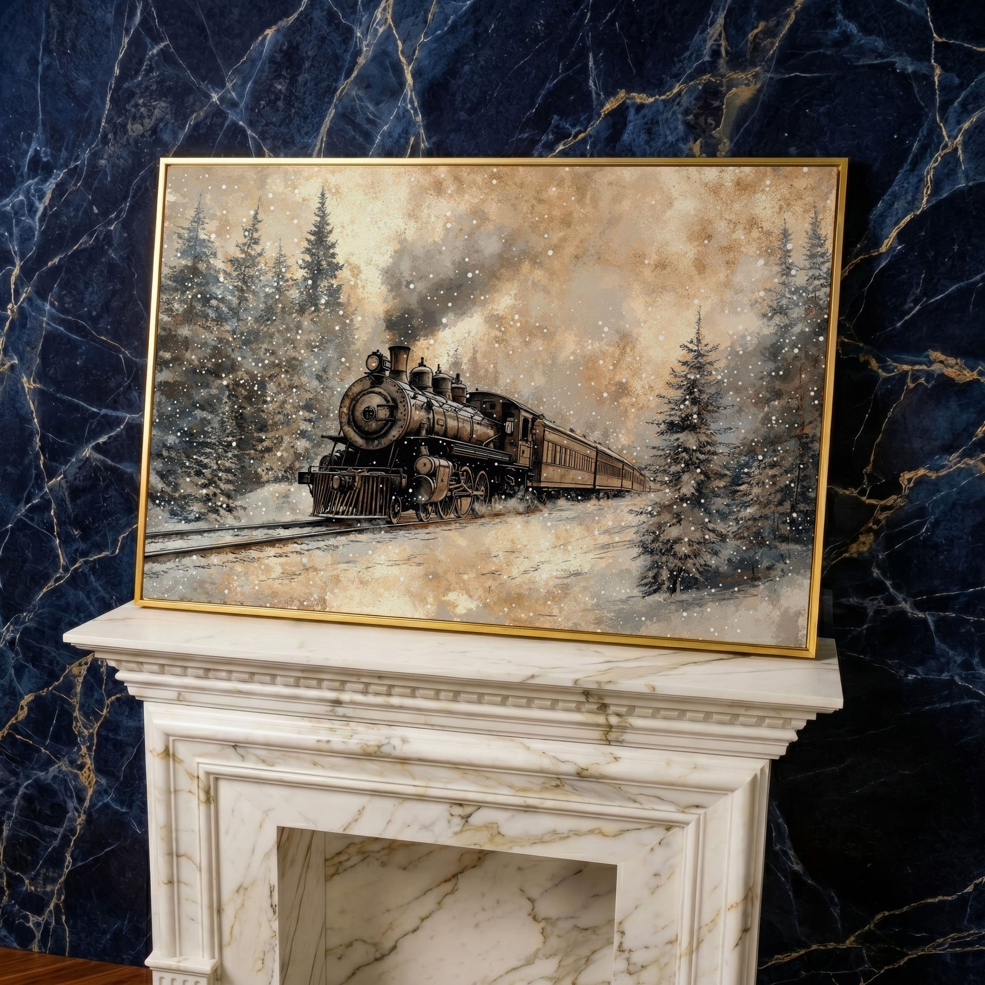 Steam Locomotive Winter Forest Canvas in yellow gold floating frame