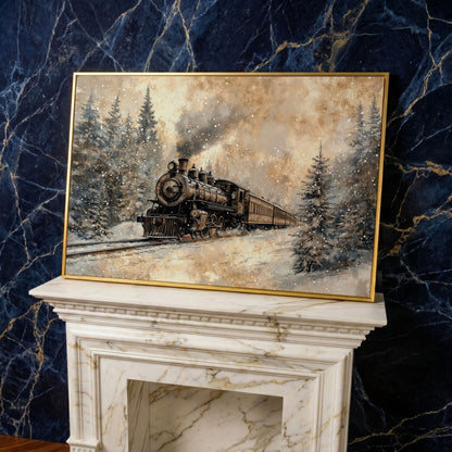Steam Locomotive Winter Forest Canvas in yellow gold floating frame