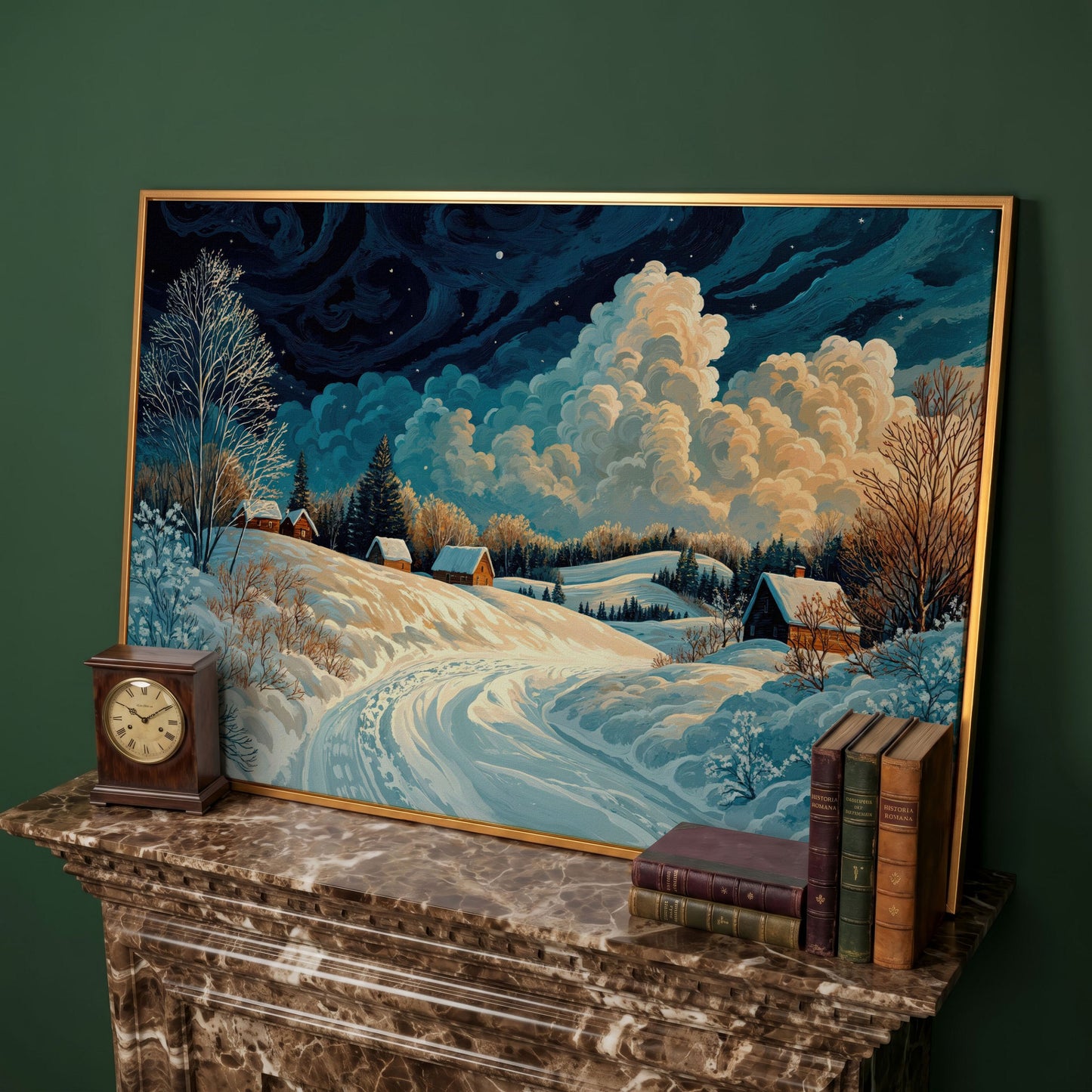 Snow Cottages Under Starlight Canvas in antique gold floating frame