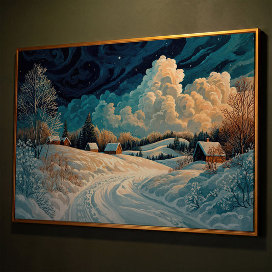 Snow Cottages Under Starlight Canvas shown in antique gold floating frame