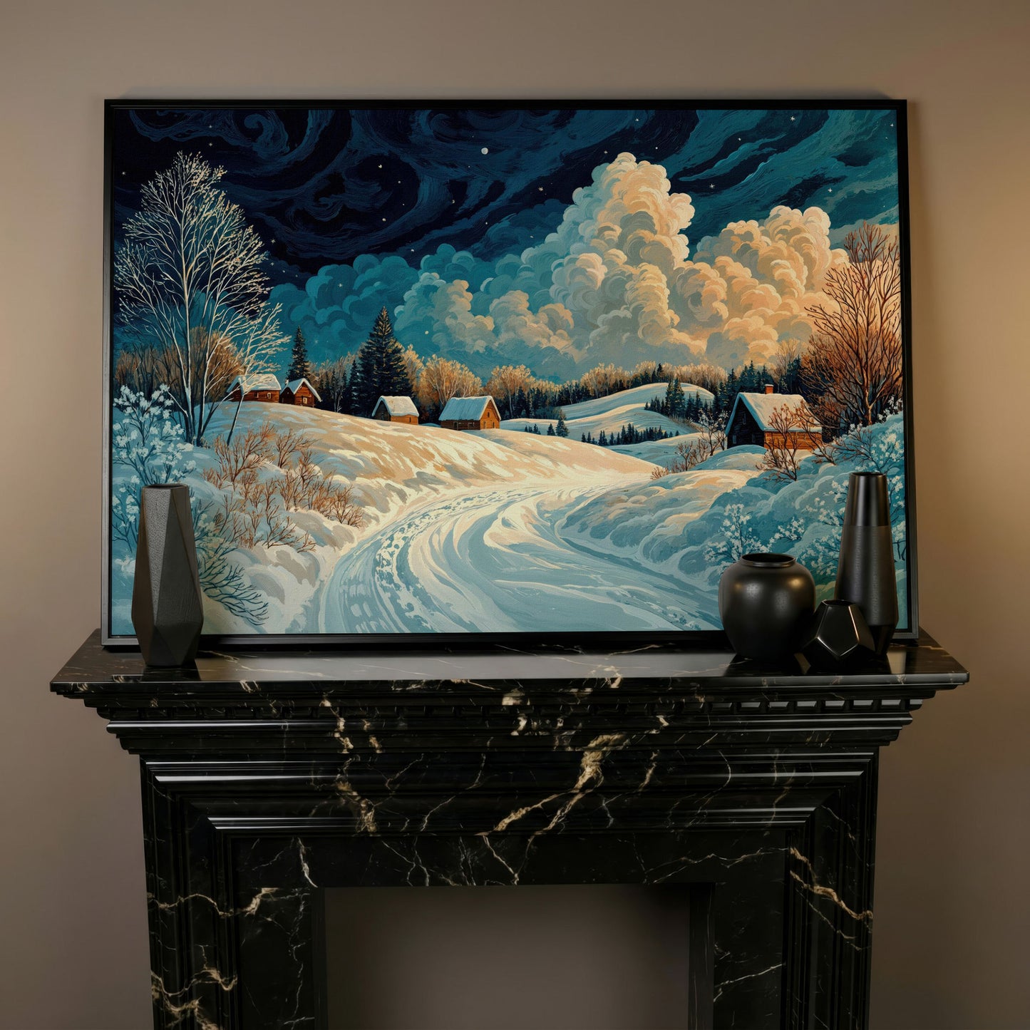Snow Cottages Under Starlight Canvas in black floating frame