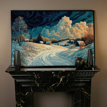 Snow Cottages Under Starlight Canvas in black floating frame