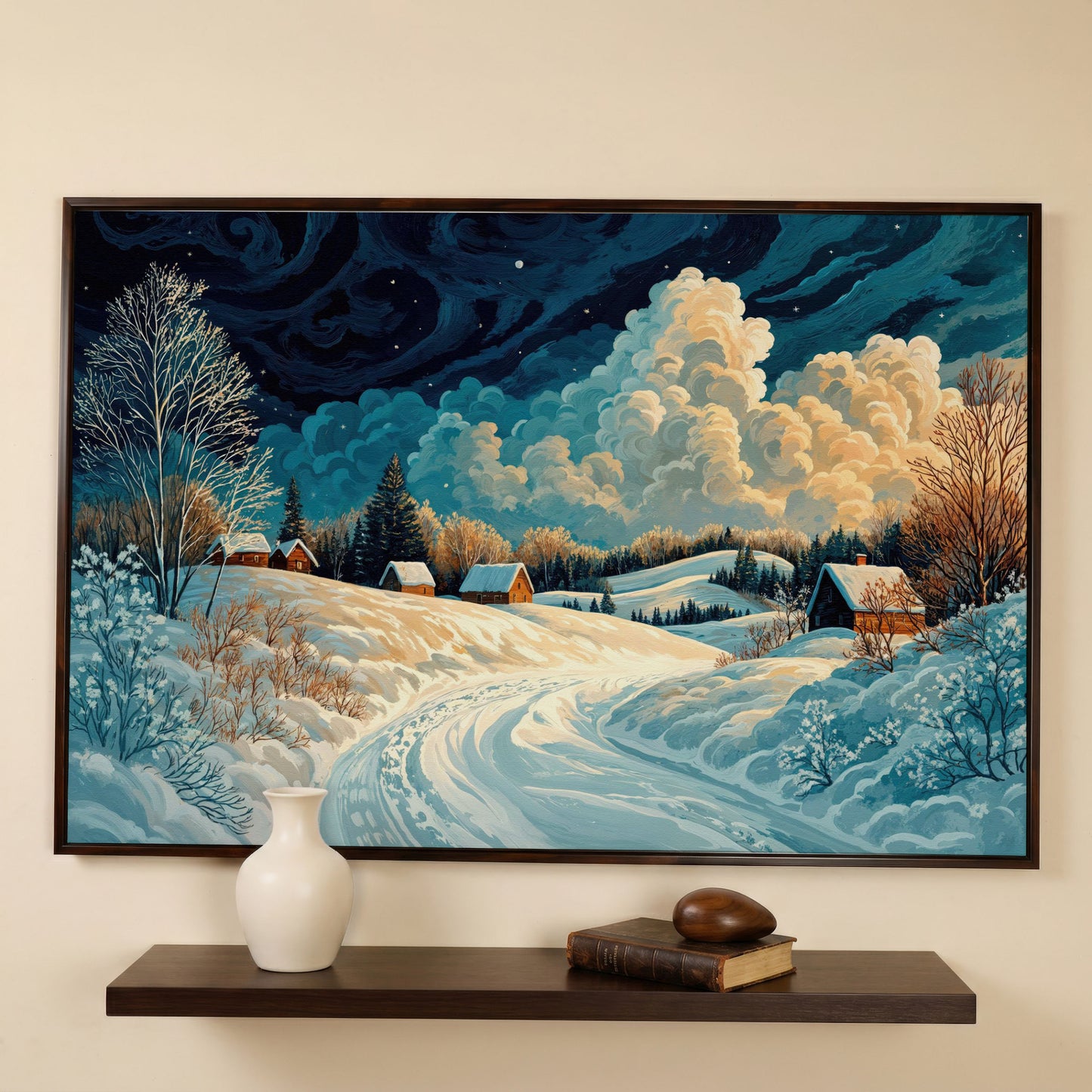 Snow Cottages Under Starlight Canvas in dark walnut floating frame