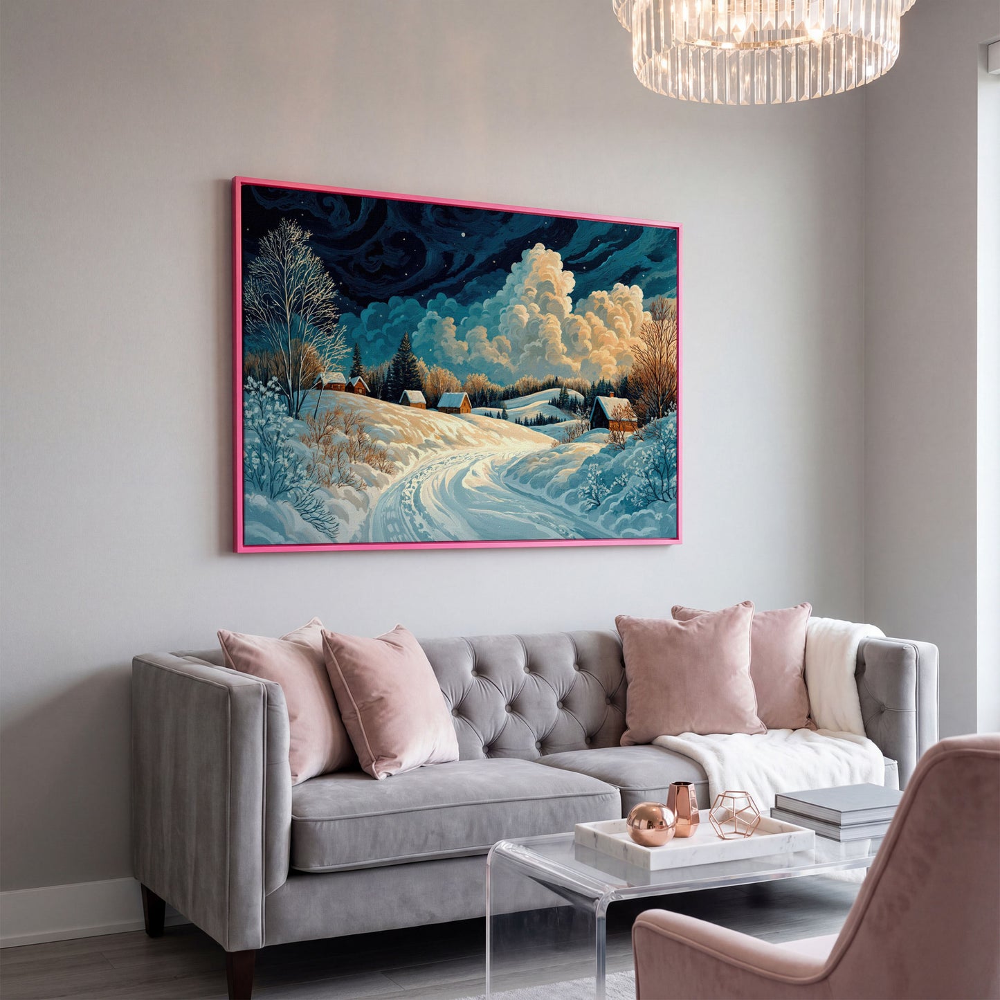 Snow Cottages Under Starlight Canvas in pink floating frame