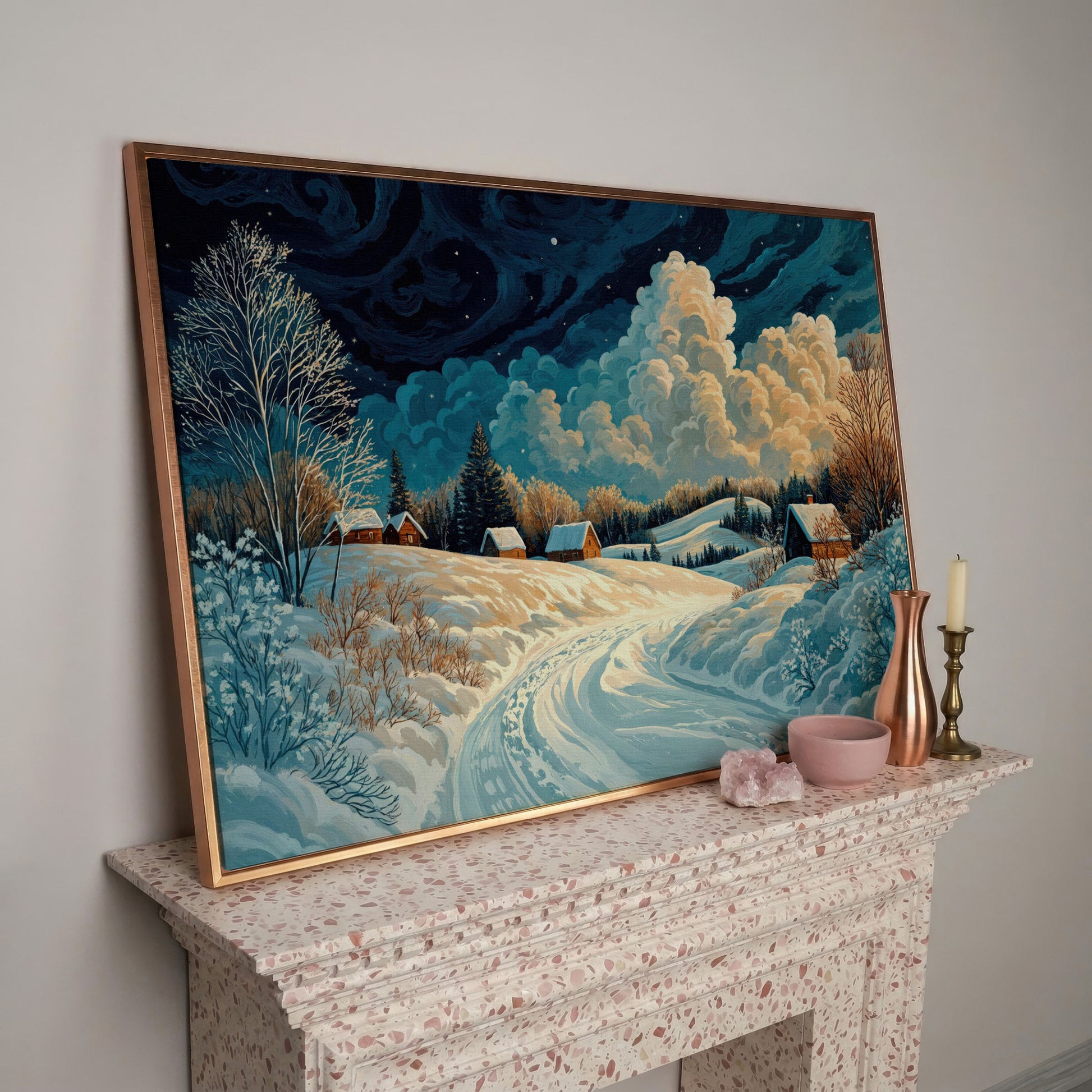 Snow Cottages Under Starlight Canvas in rose gold floating frame