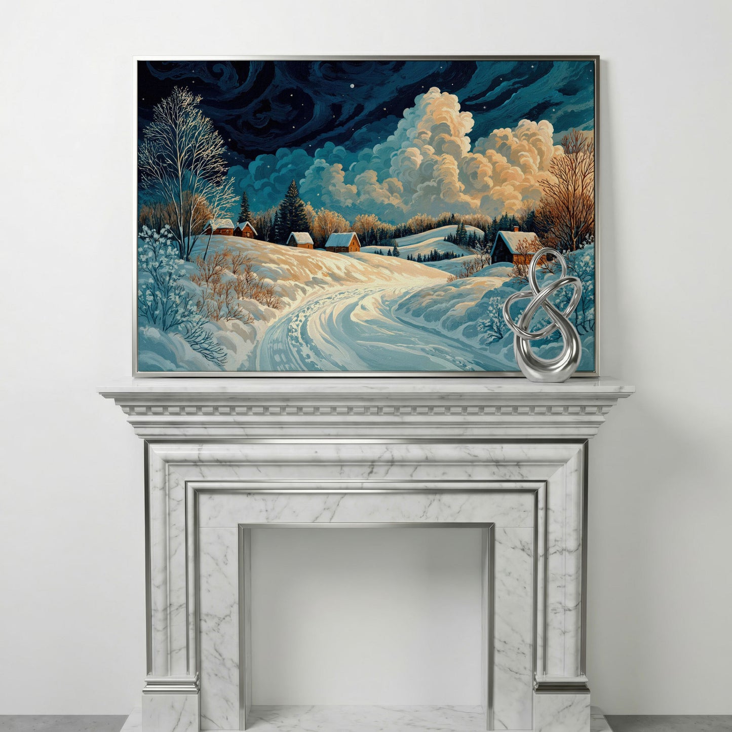 Snow Cottages Under Starlight Canvas in silver floating frame