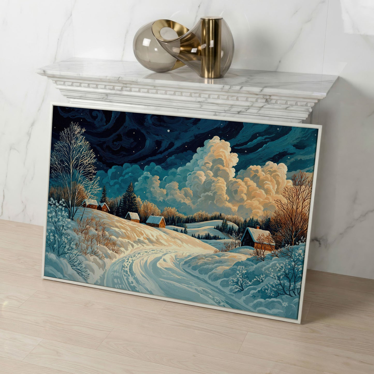 Snow Cottages Under Starlight Canvas in white floating frame