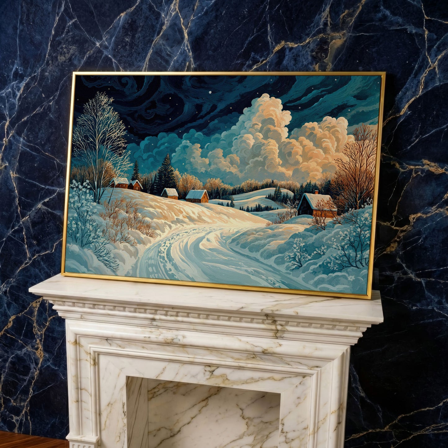 Snow Cottages Under Starlight Canvas in yellow gold floating frame
