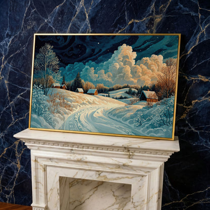 Snow Cottages Under Starlight Canvas in yellow gold floating frame