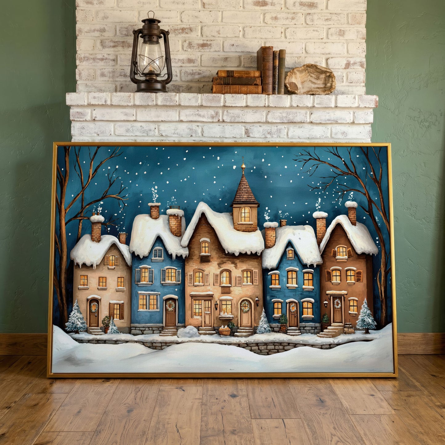 Winter Night Town Canvas Print with Golden Windows in antique gold floating frame